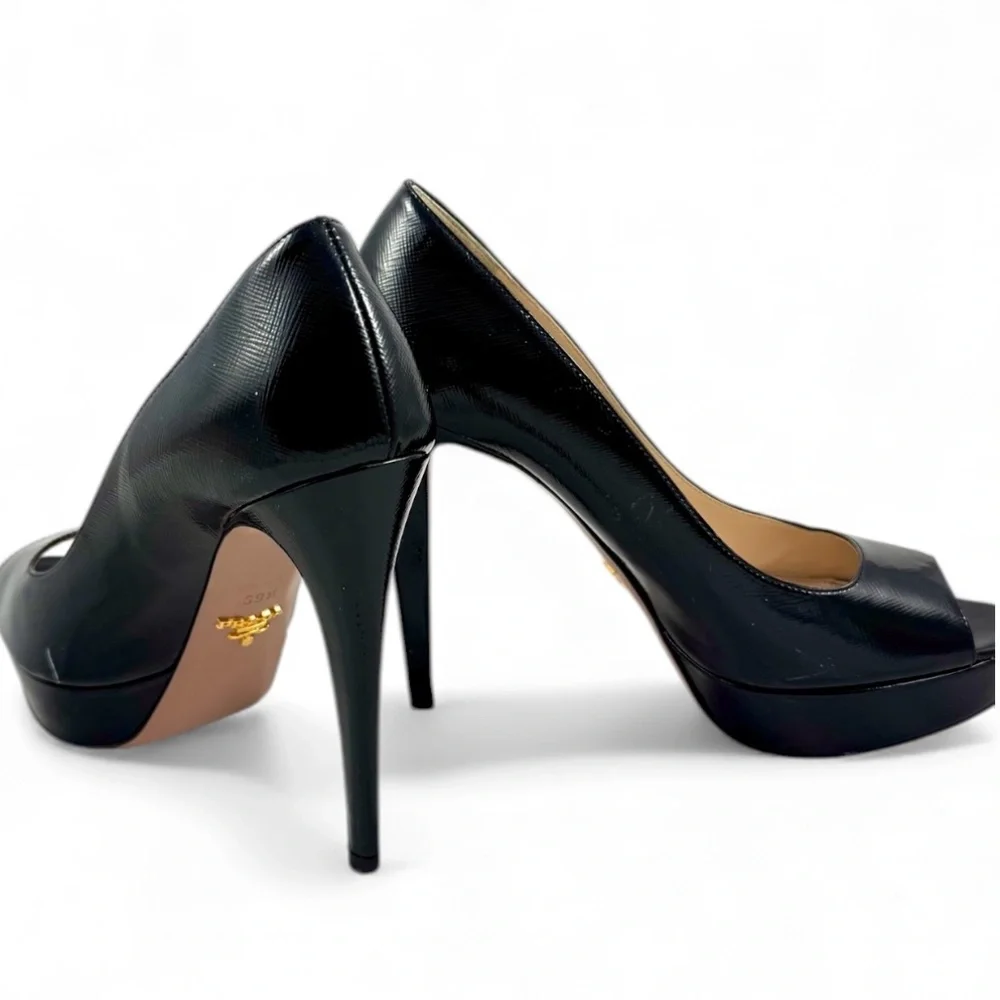PRADA Vernice Saffiano leather peep toe platform pumps black size 39.5